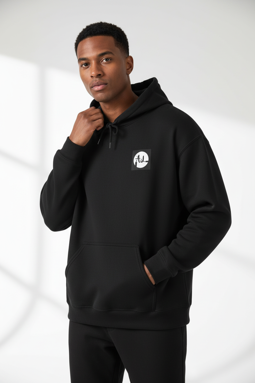 A white hooded sweatshirt with a kangaroo pocket and drawstring hood, featuring a small square black and white logo on the upper left front side.