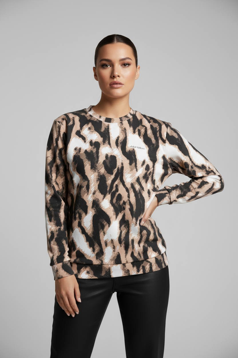 A crew neck sweatshirt with an animal print pattern in a long-sleeve design.